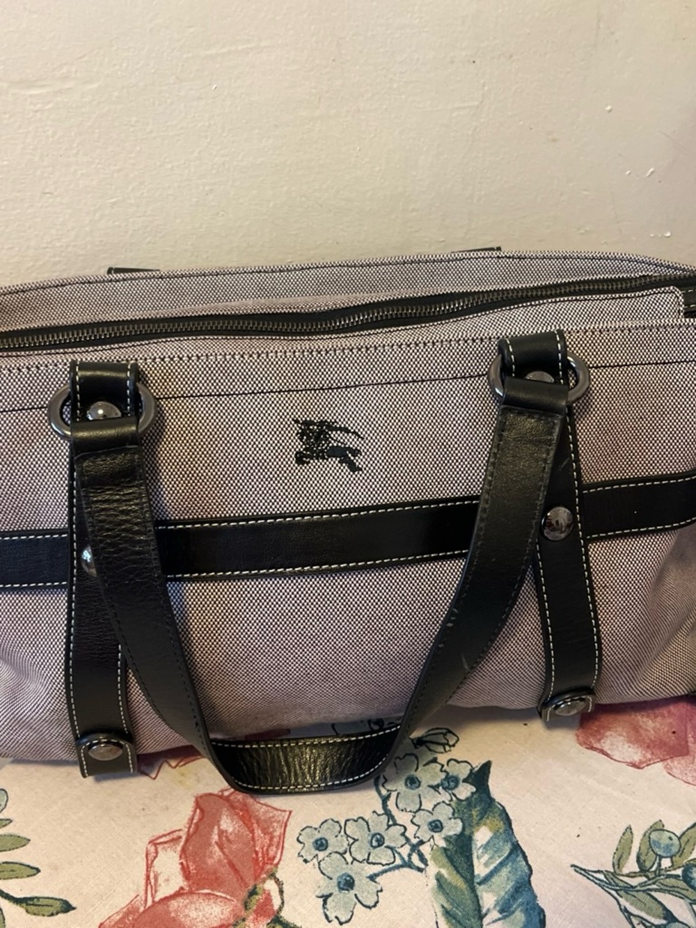Burberry Beige Canvas Shoulder Bag with Black Leather Trim